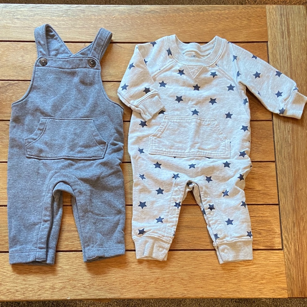 3-6 months cozy overalls and romper bundle